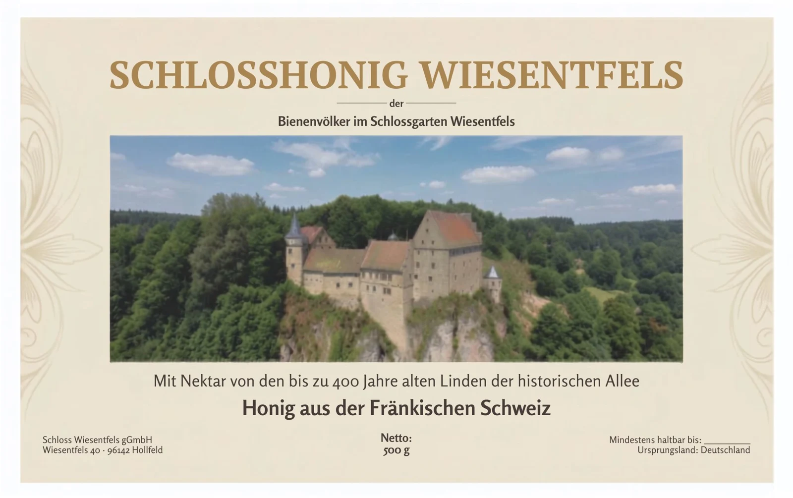 Etikett Schlosshonig Wiesentfels, 500 Gramm, mit einer Ansicht des Schlosses